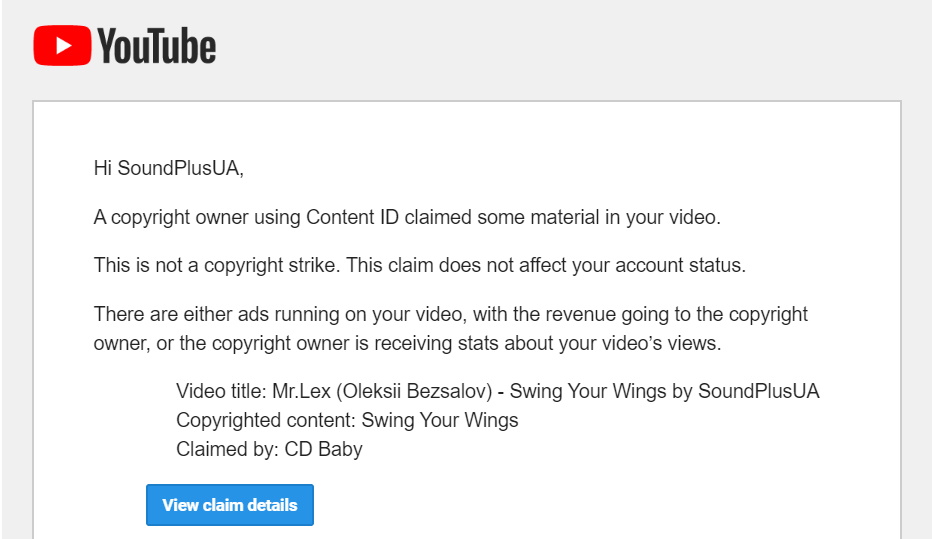 [YouTube] A copyright claim was created for content in 'Youtube